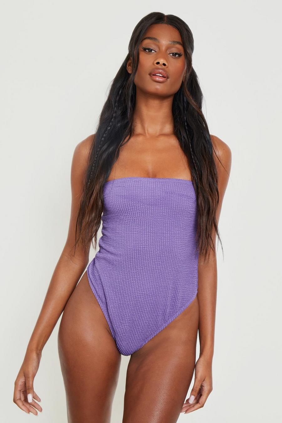 Purple lila Recycled Crinkle Bandeau Swimsuit image number 1