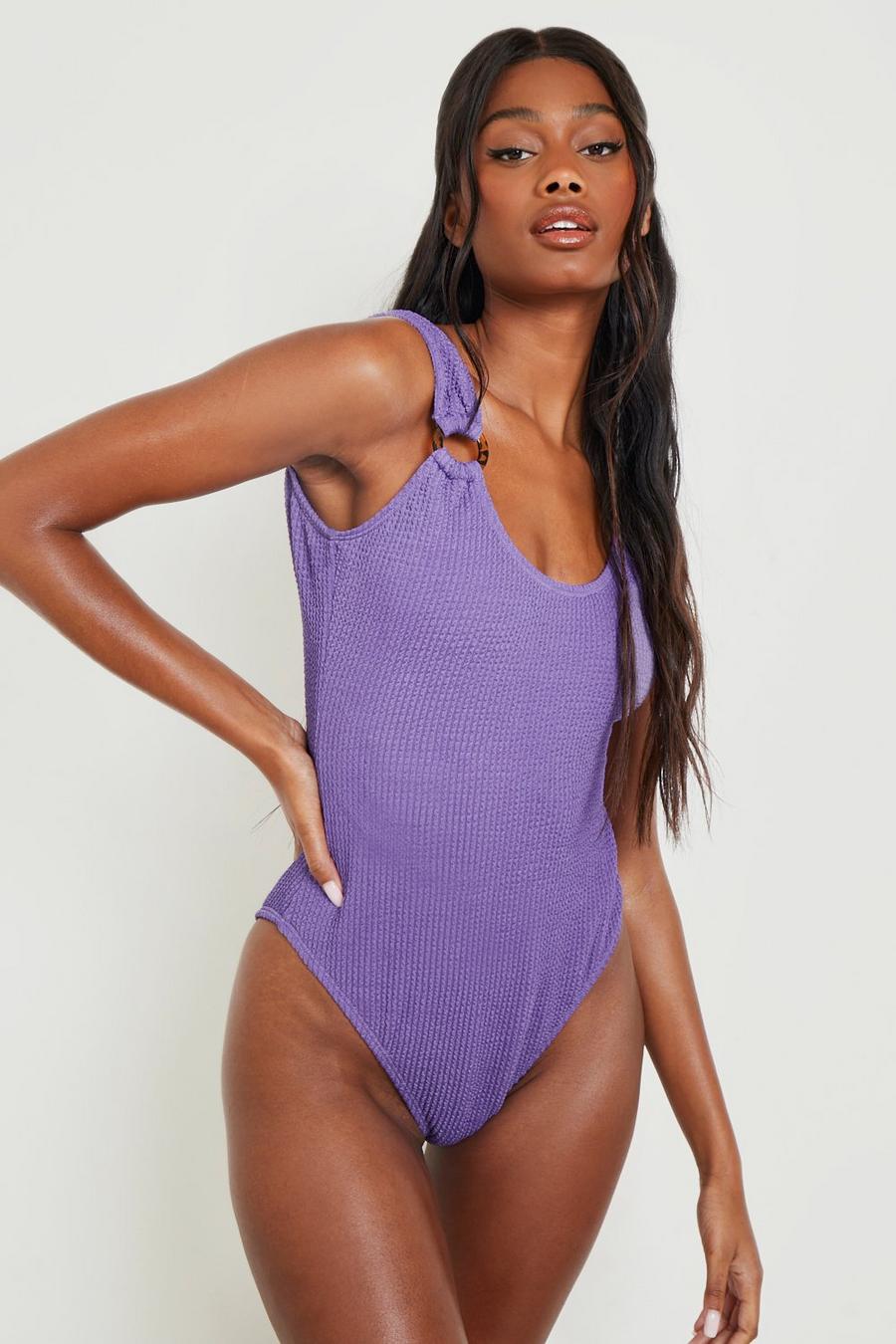 Purple Crinkle O-ring Strappy Swimsuit image number 1