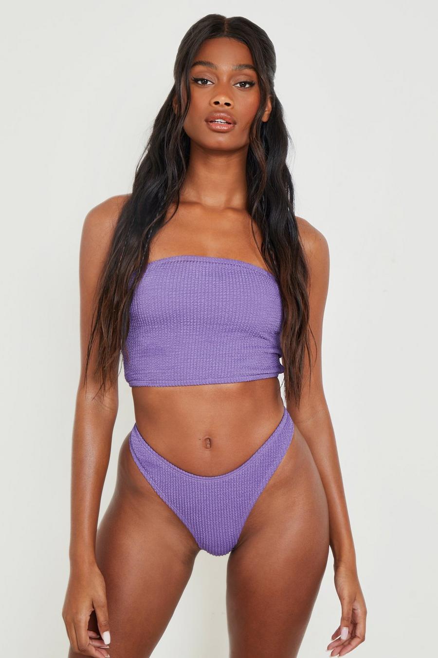 Purple morado Recycled Crinkle Longline Bandeau Bikini Top