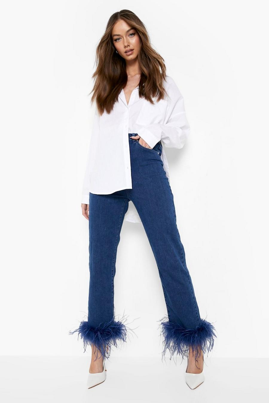 Mid blue Feather Trim High Waisted Straight Leg Jeans image number 1