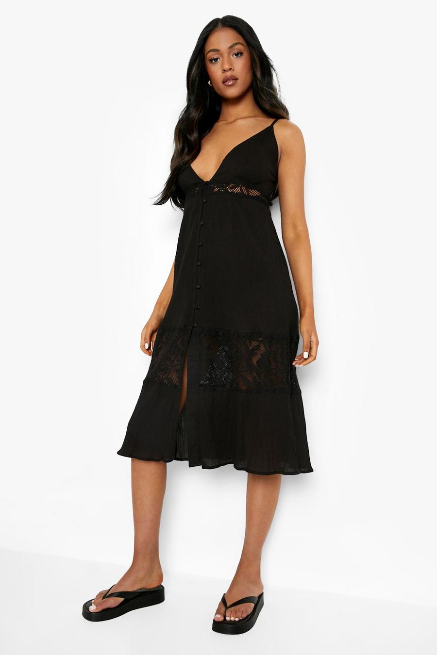 Black Tall Cheesecloth Crochet Midi Dress image number 1