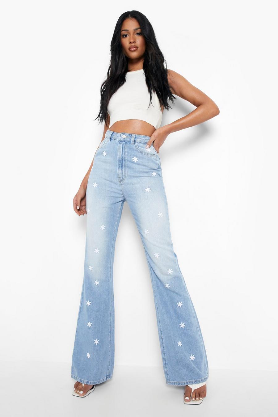 Mid wash Tall Daisy Embroidered Flare Jeans image number 1
