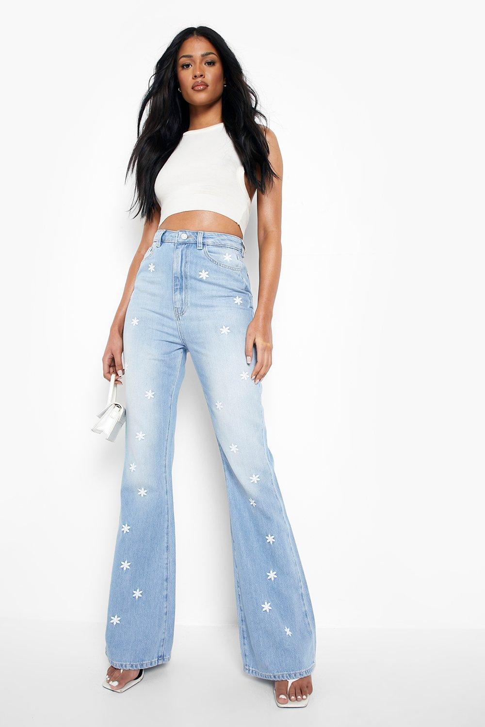 Nasty Gal Womens Sequin Embroidered Flare Jean - Light Blue