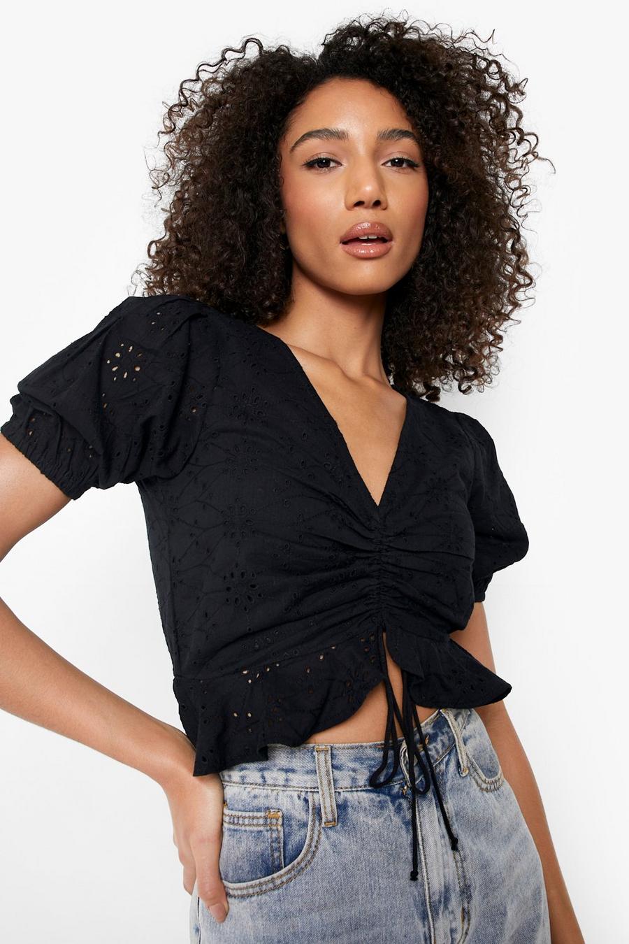 Tall - Top froncé en broderie anglaise, Black image number 1