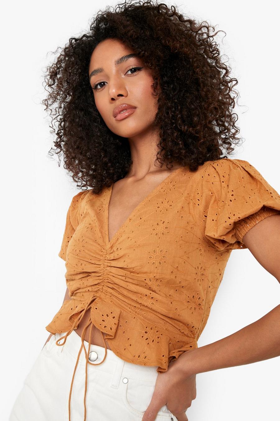 Tan Tall Ruche Front Eyelet Top image number 1