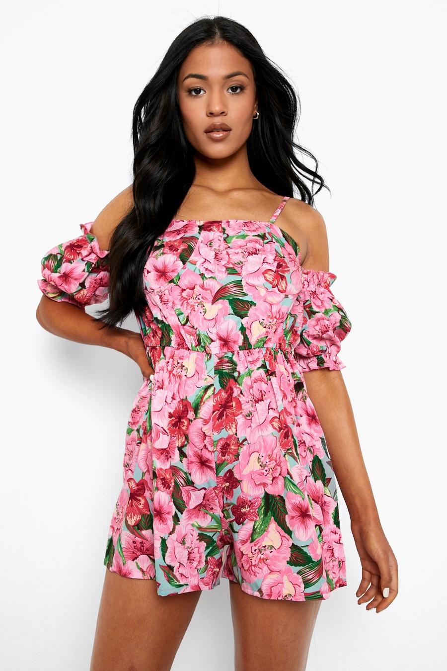 Tall schulterfreier floraler Playsuit, Pink image number 1