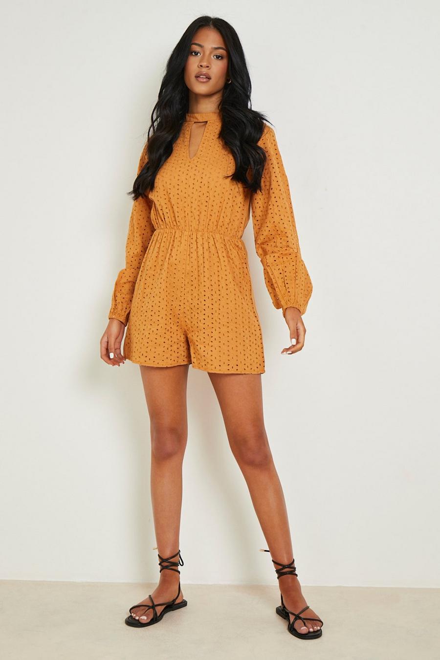 Tan Tall Broderie Collared Playsuit image number 1