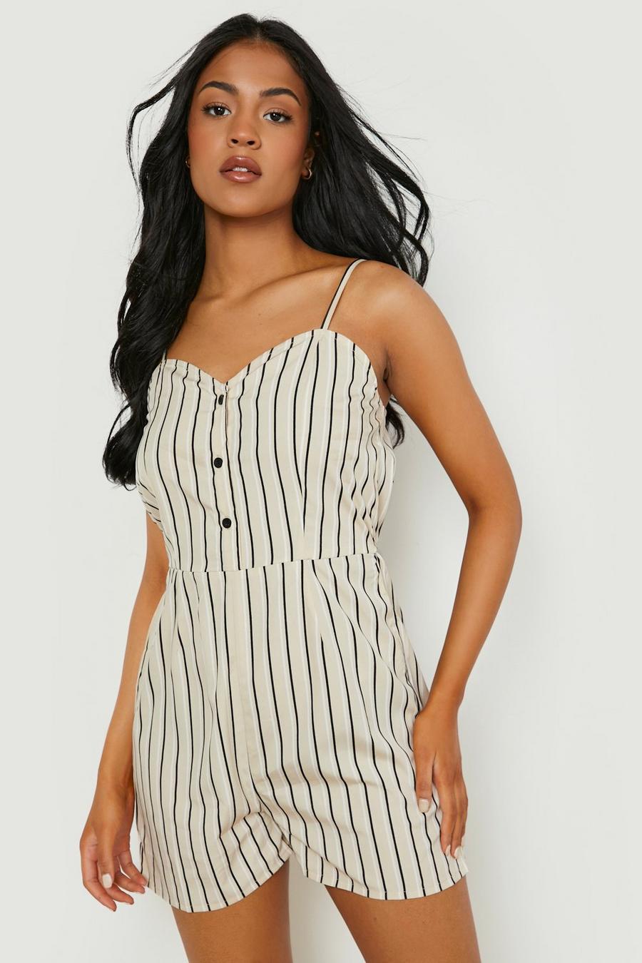 Stone beige Tall Stripe Button Up Playsuit