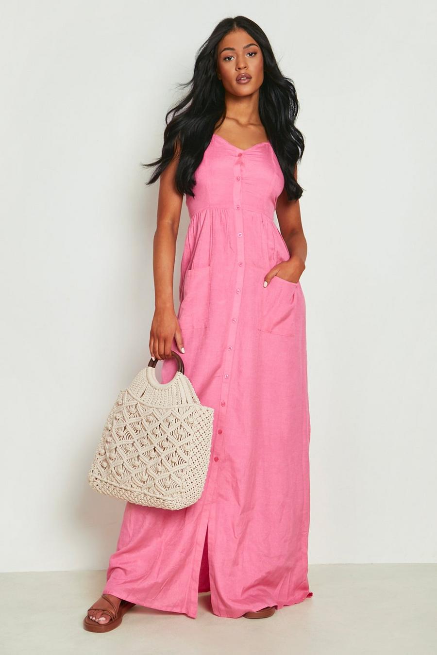 Hot pink Tall Button Up Pocket Linen Maxi Dress image number 1