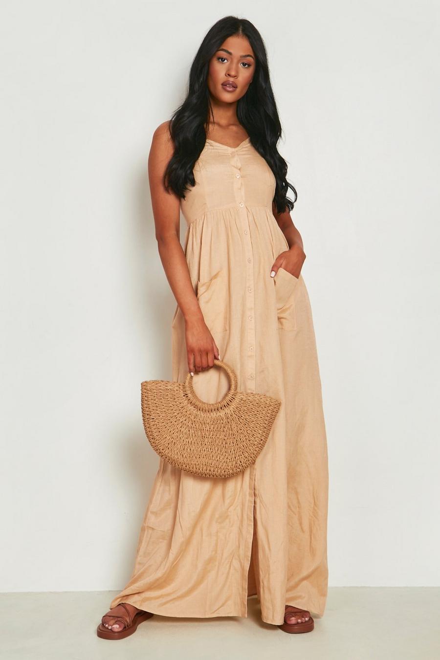 Stone Tall Button Up Pocket Linen Maxi Dress image number 1