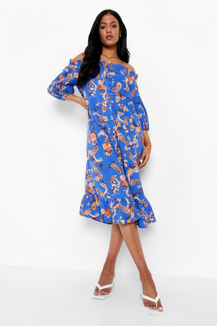 Blue Tall Off The Shoulder Button Ruffle Paisley Midi Dress image number 1