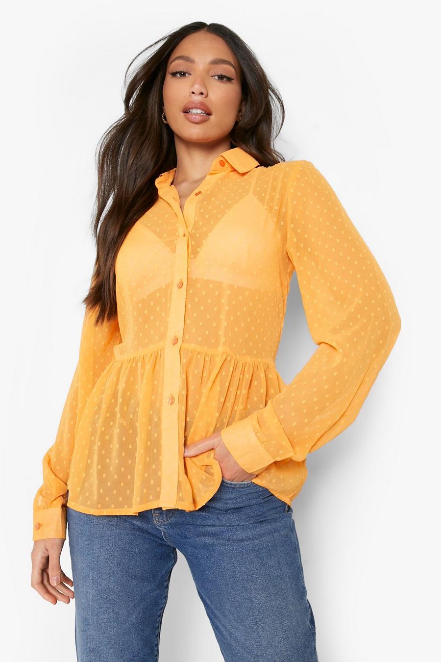 Orange Tall Dobby Mesh Peplum Shirt image number 1