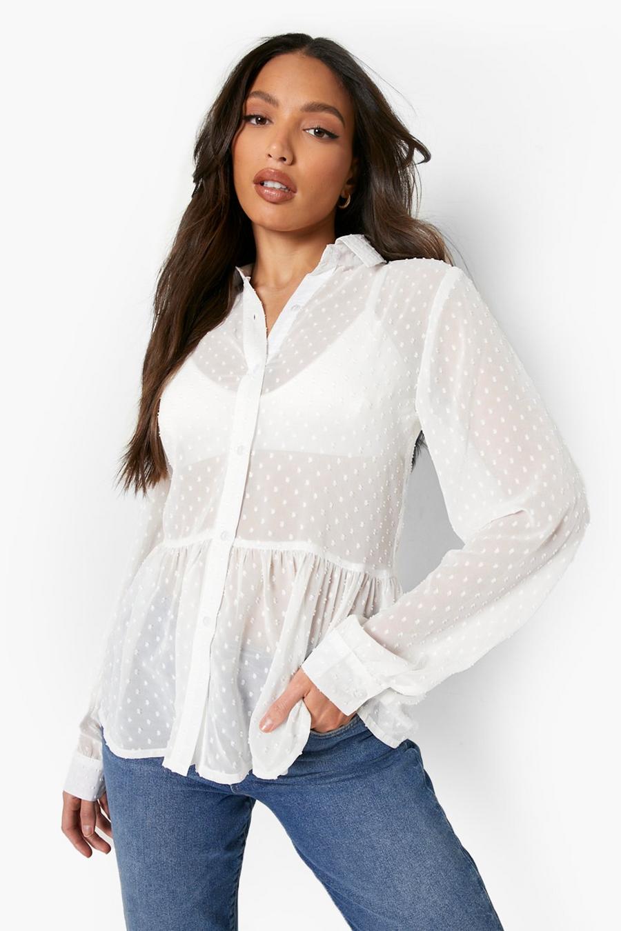 White Tall Dobby Mesh Peplum Shirt image number 1