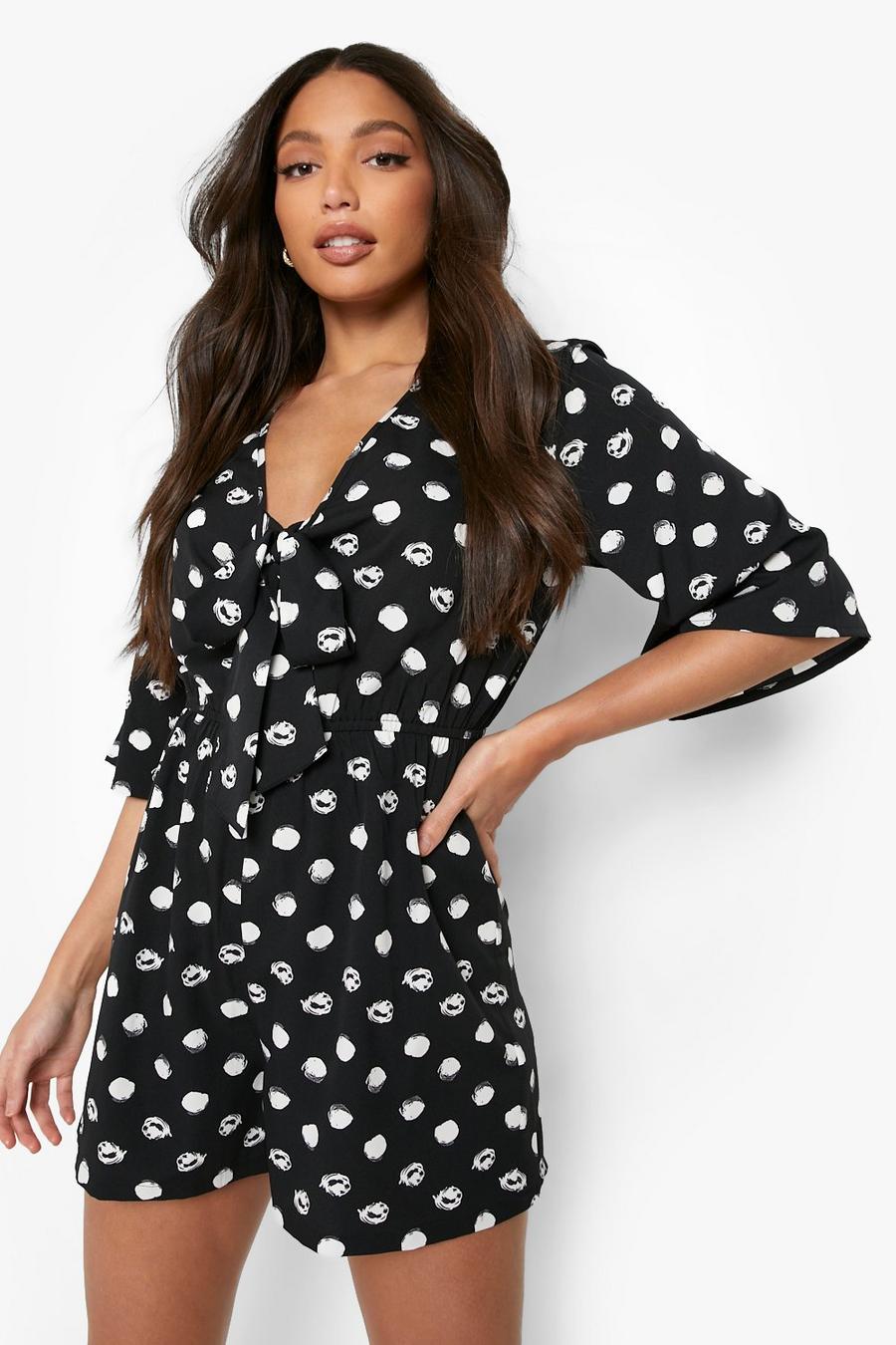 Black Tall Tie Front Polka Dot Playsuit image number 1