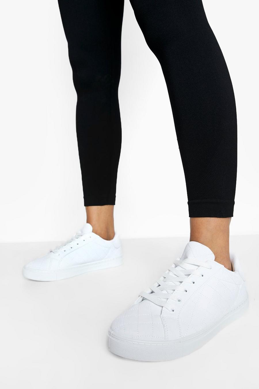 White Quilted Lace Up Sneakers image number 1