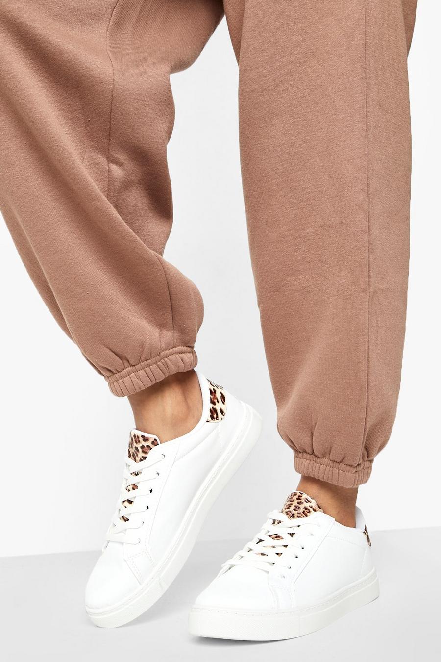 White Leopard Contrast Lace Up Trainer