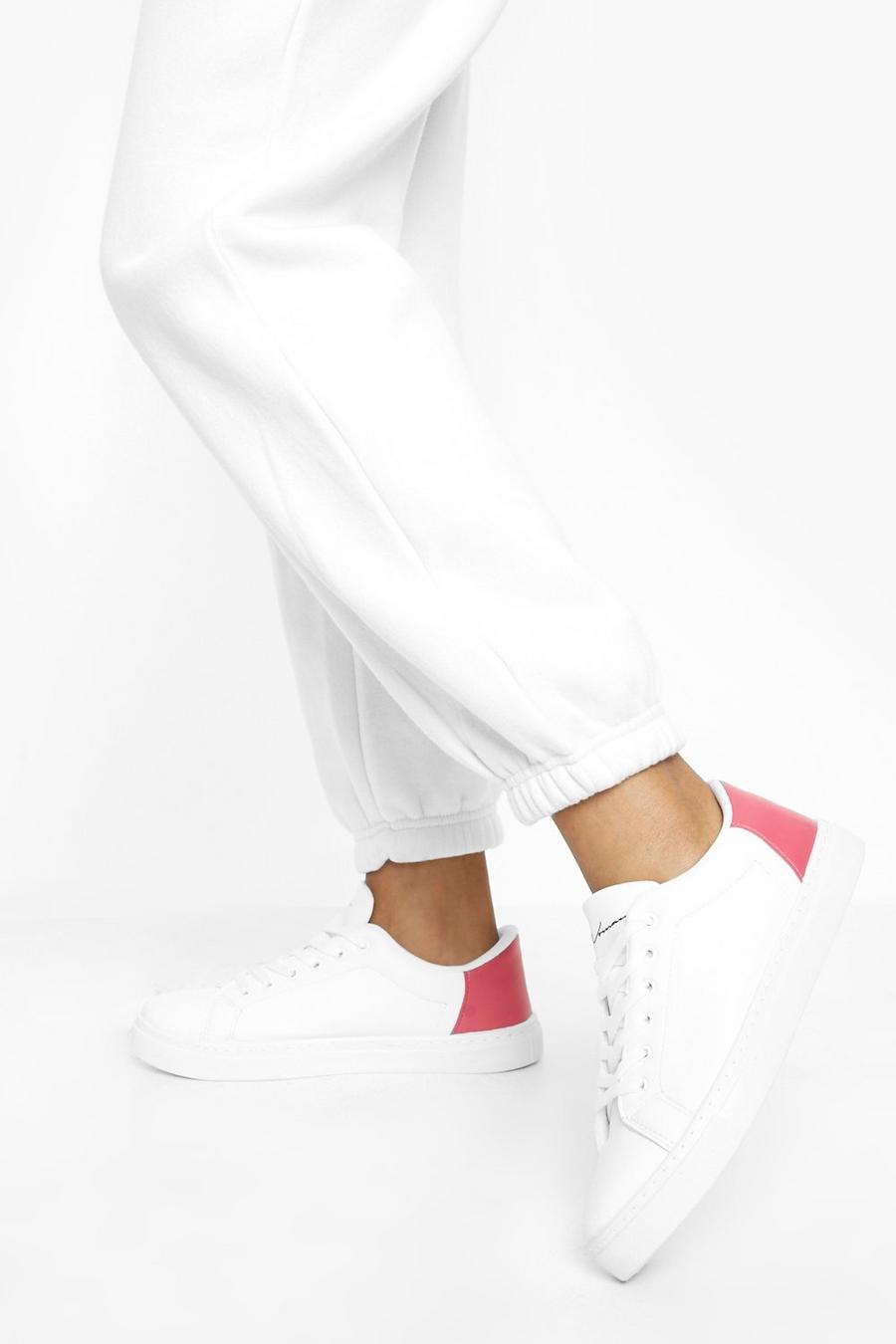 White Contrast Back Detail Woman Lace Up Sneakers image number 1