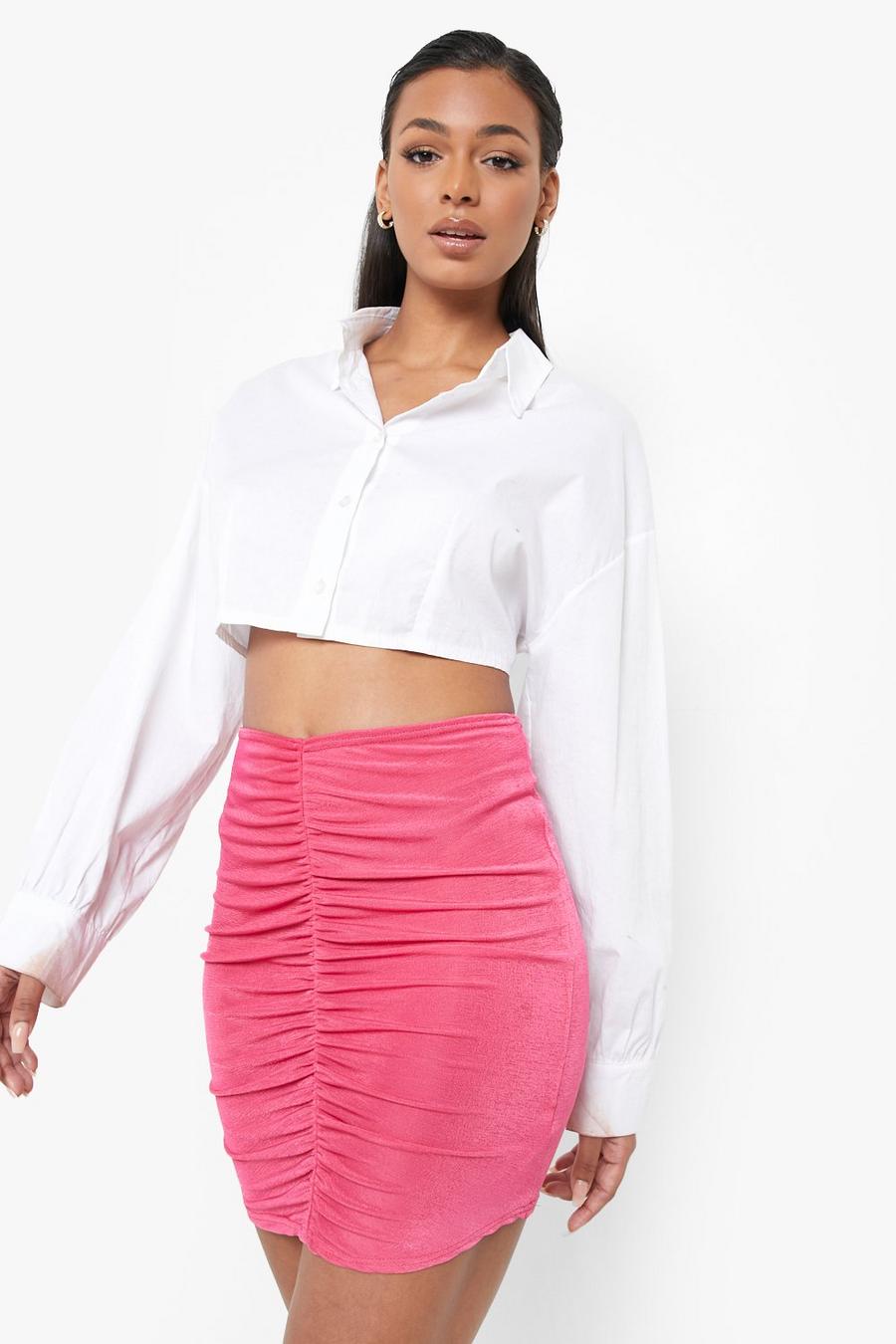 Pink Slinky Ruched Mini Skirt