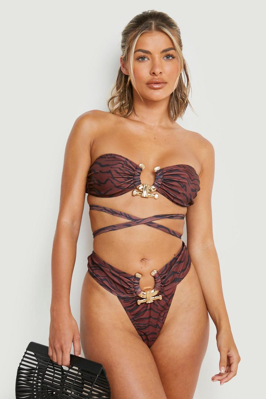 Chocolate brown Tijgerprint Bandeau Bikini Top Met Gouden Zoom En Strik