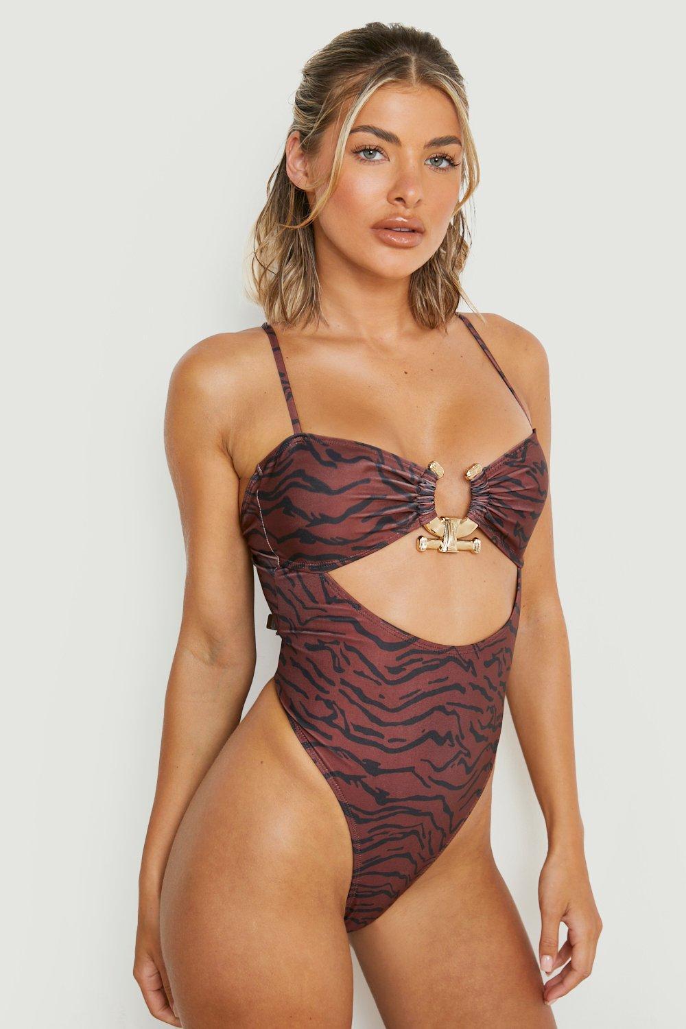 Gold Trim Cut Out Strappy Swimsuit