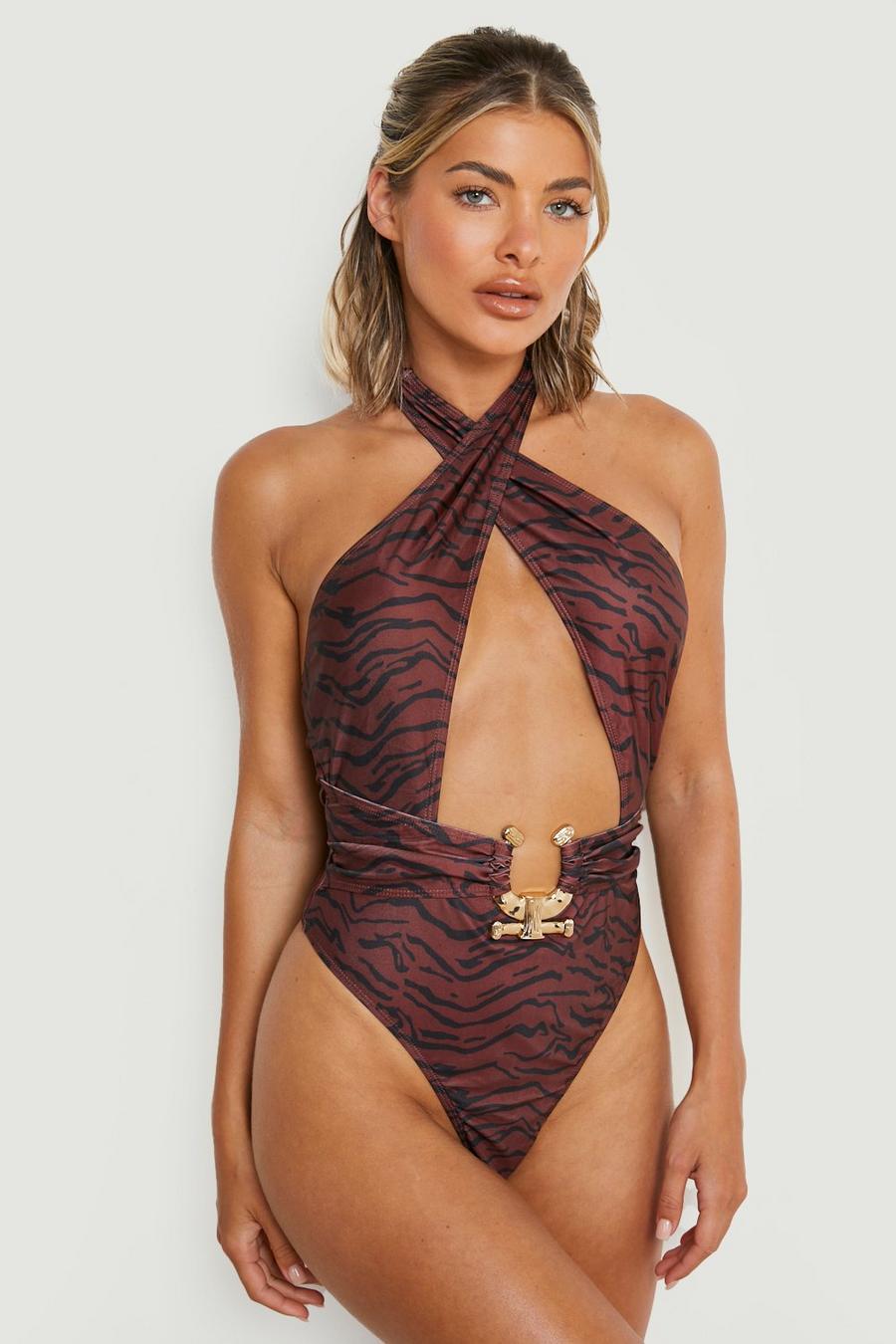 Tigerprint Neckholder-Badeanzug mit Cut-Out und Gold-Detail, Chocolate brown