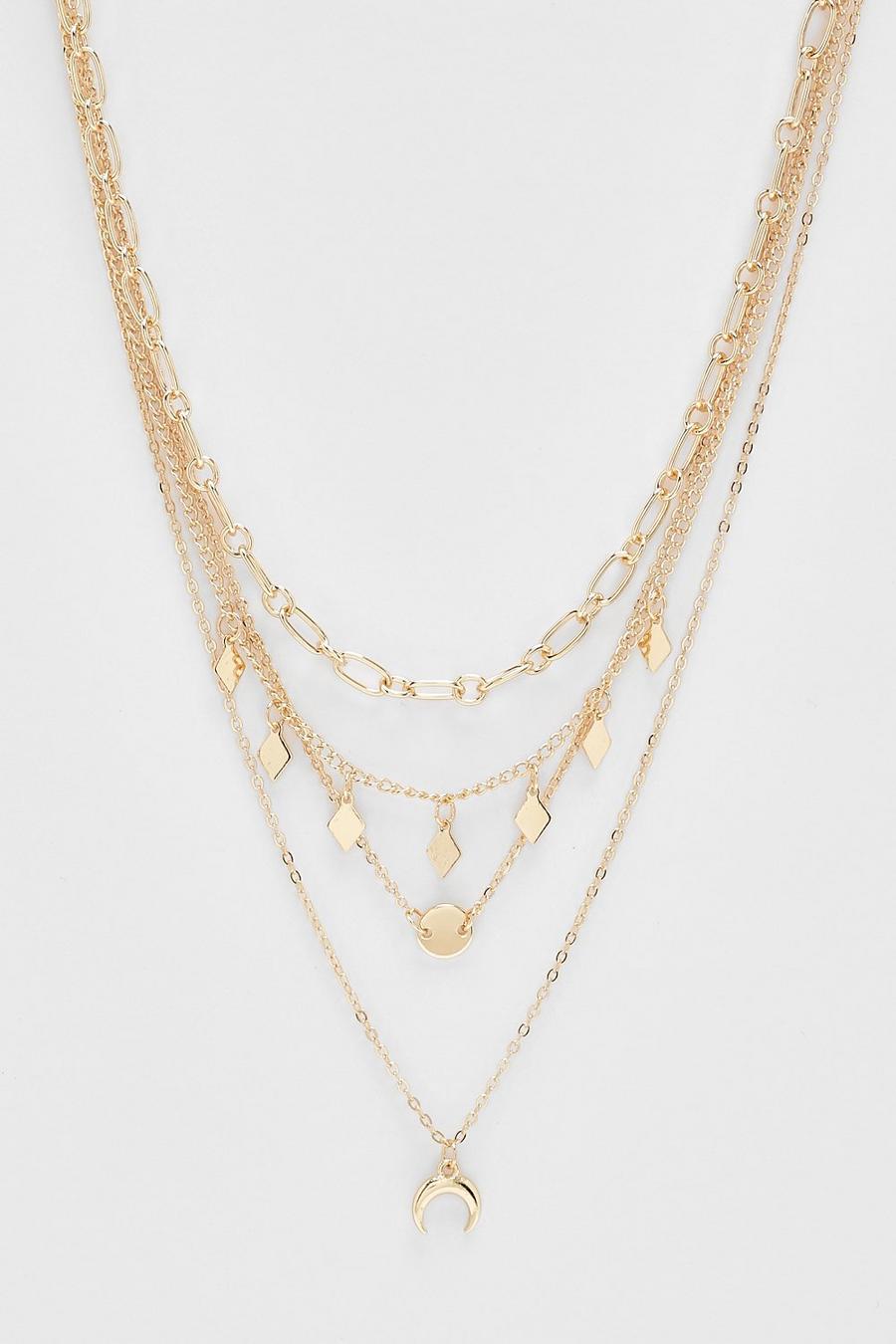 Gold Chain Link Layered Disc Crescent 