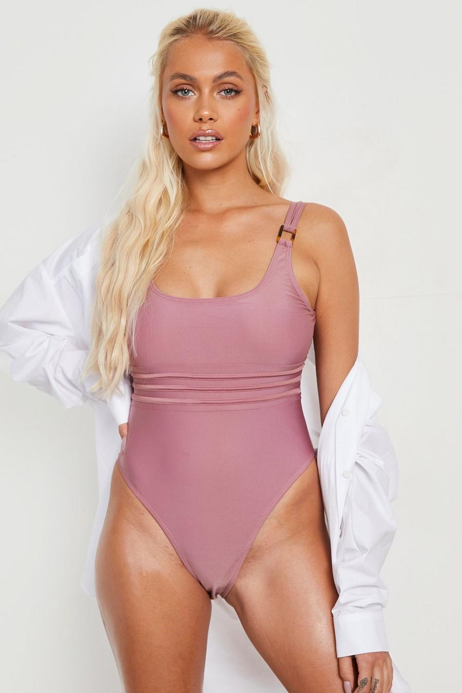 Mauve Square Trim Strappy Scooped Swimsuit image number 1