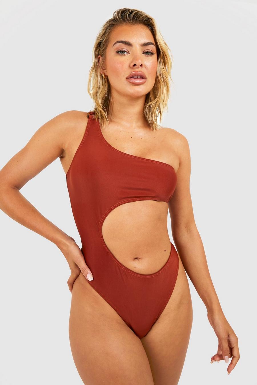 Choc brown Square Trim Cut Out One Shoulder Swimsuit