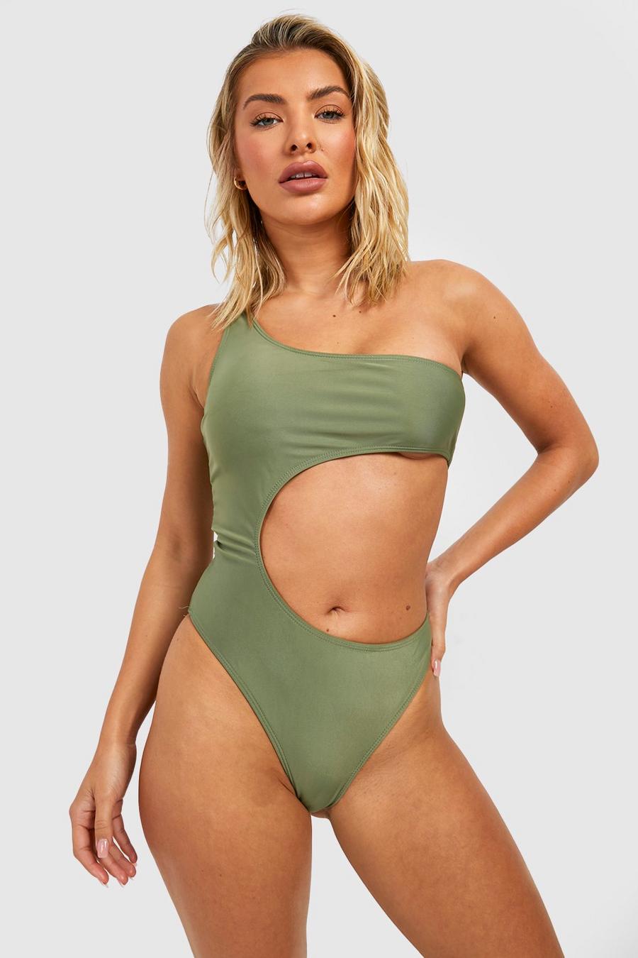 Sage green Square Trim Cut Out One Shoulder Swimsuit
