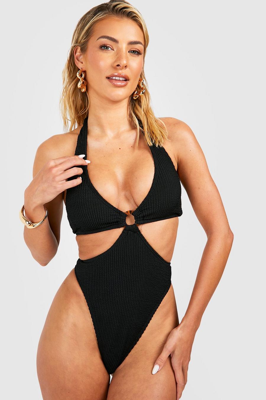 Black Recycled Crinkle O-ring Cut Out Swimsuit