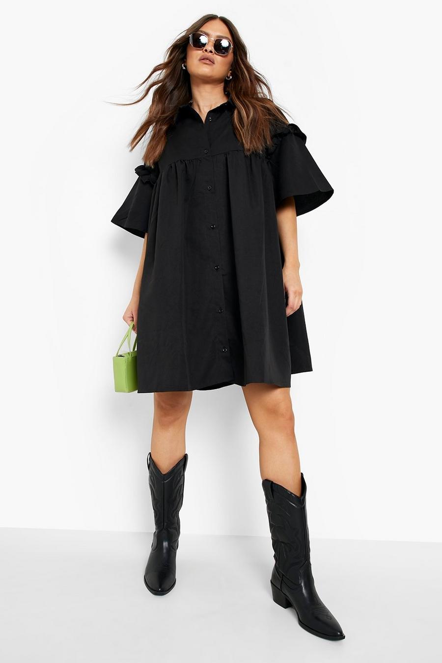 Black Tall Puff Sleeve Button Through Smock Mini Dress image number 1
