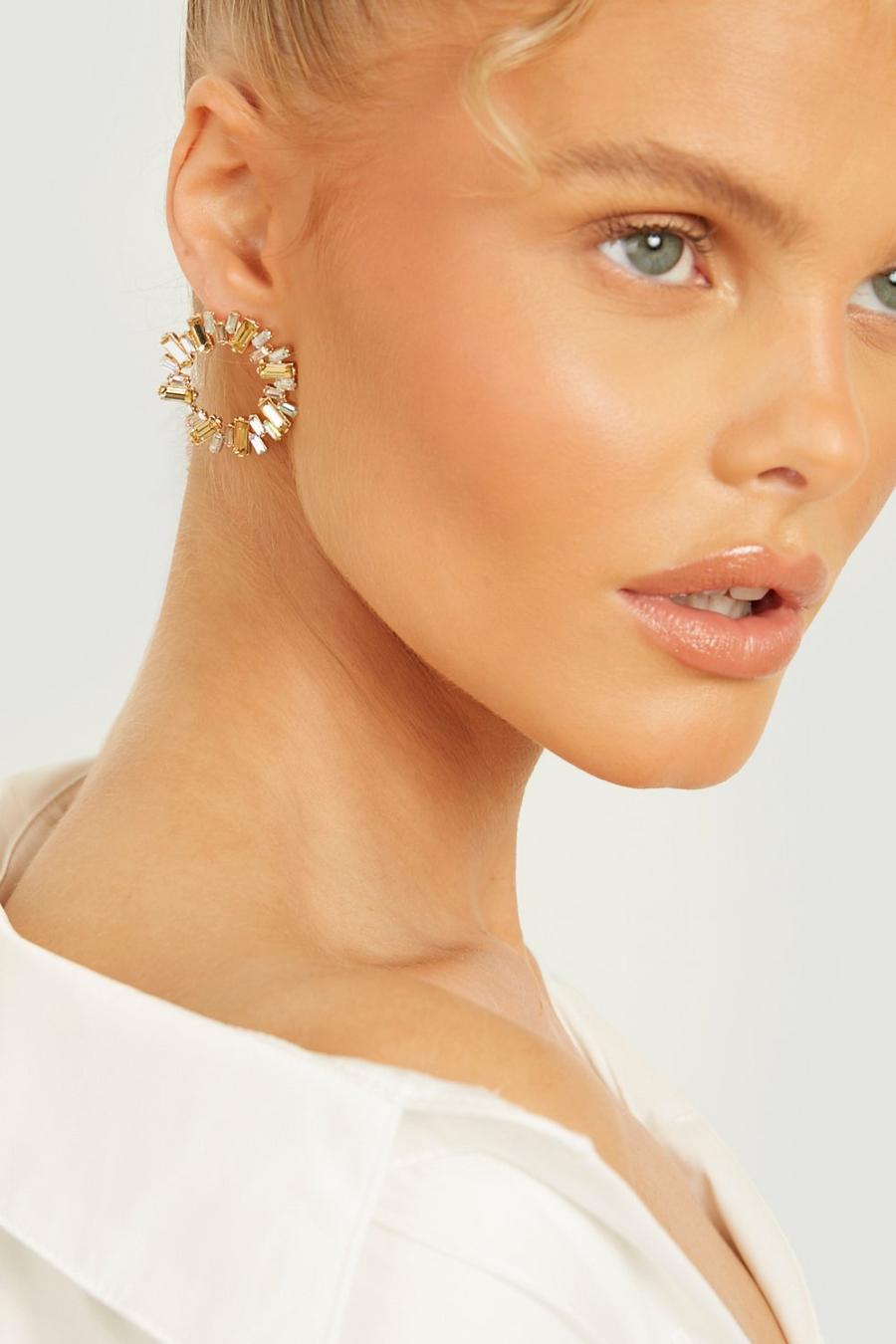 Gold Multi Diamante Stone Circle Earrings  image number 1