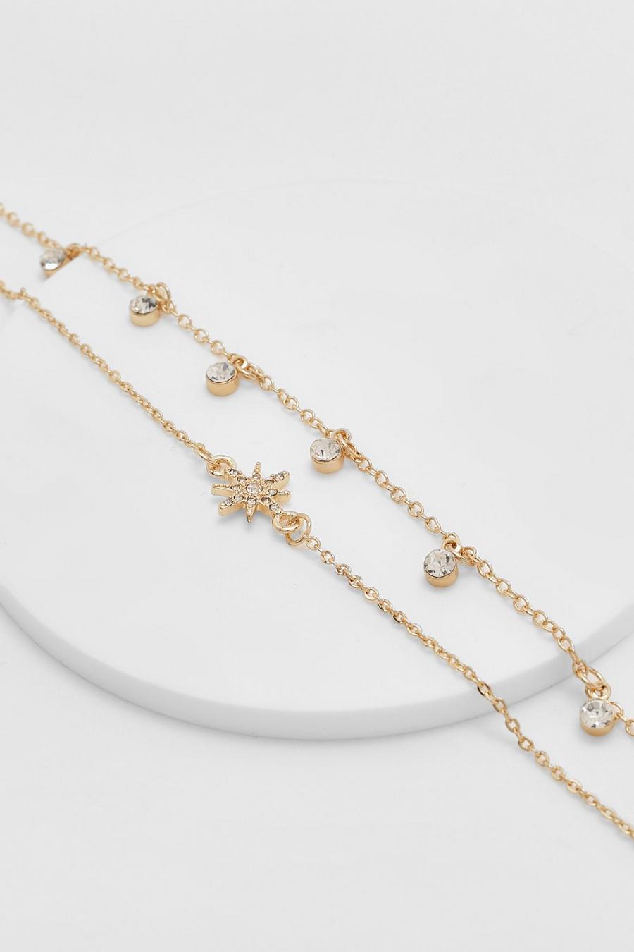 Gold Double Chain Diamante Star Anklet  image number 1