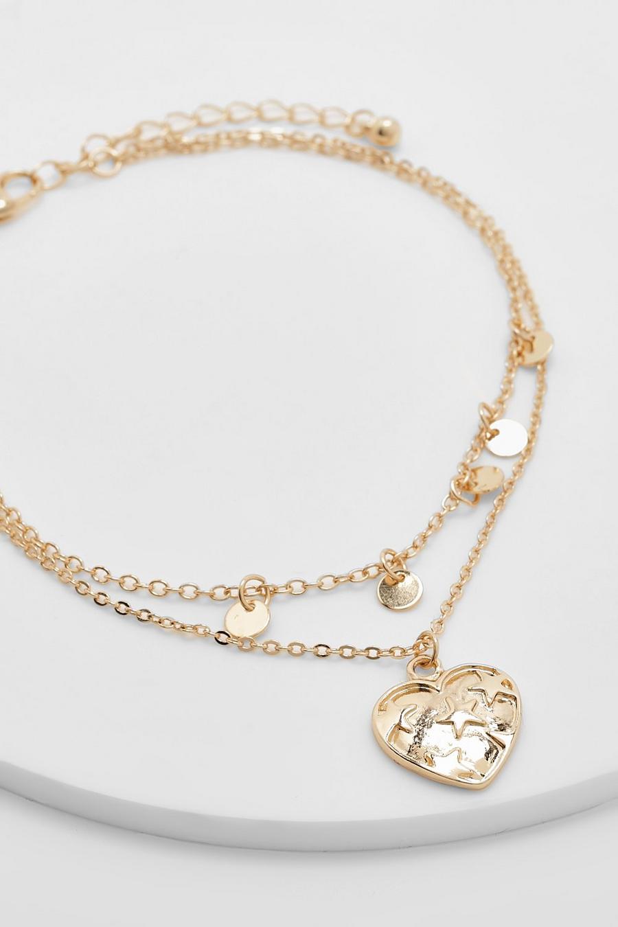 Bracelet de cheville doré à chaîne double avec cœur , Gold metallic