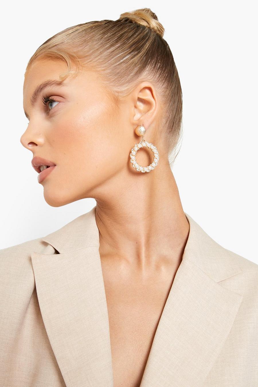 Gold metallic Pearl Circle Drop Statement Earrings