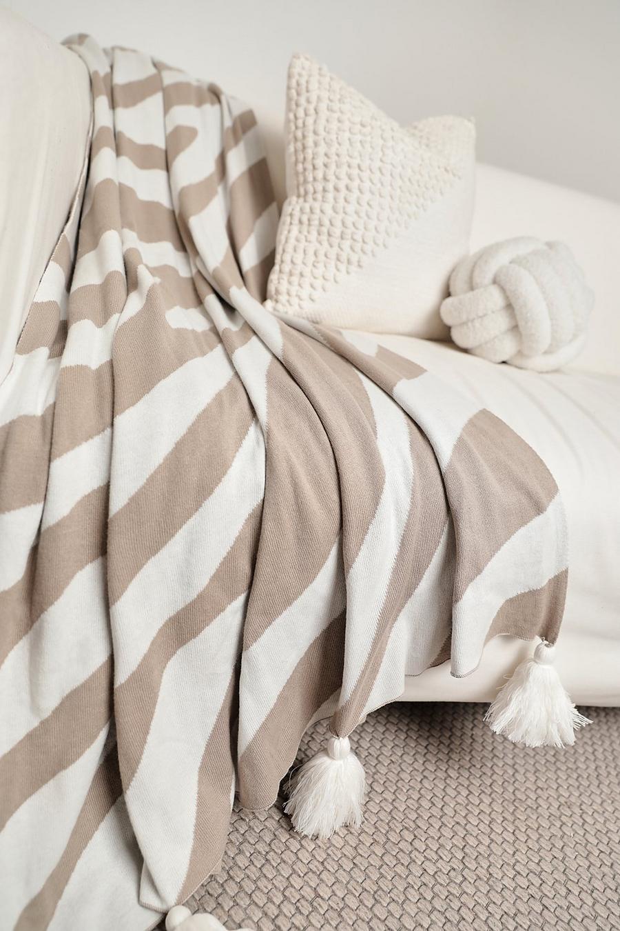 Feinstrick-Decke mit Zebraprint und Fransen, Cream blanc