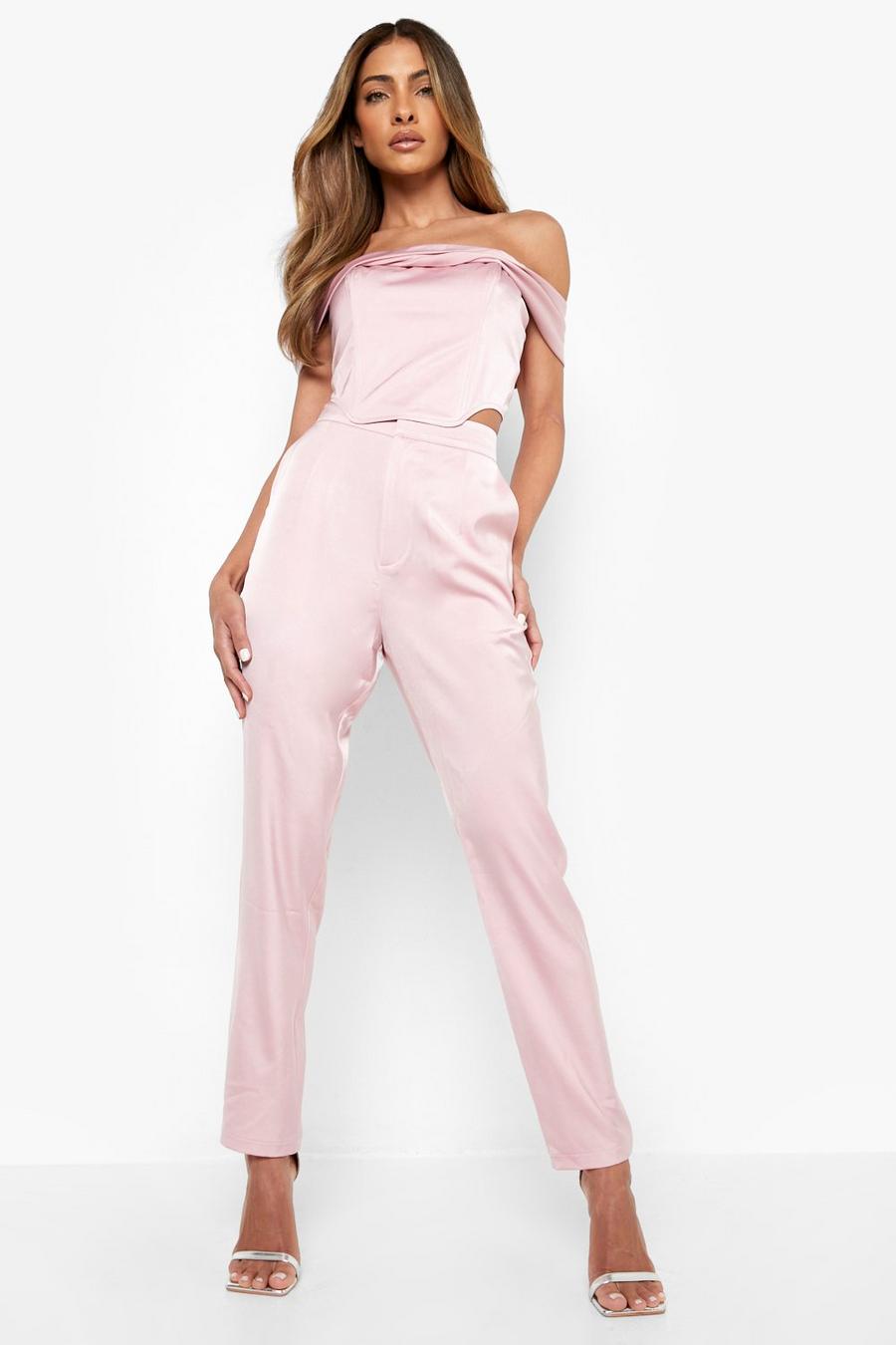 Baby pink מכנסיים מחויטים מסאטן מאט image number 1