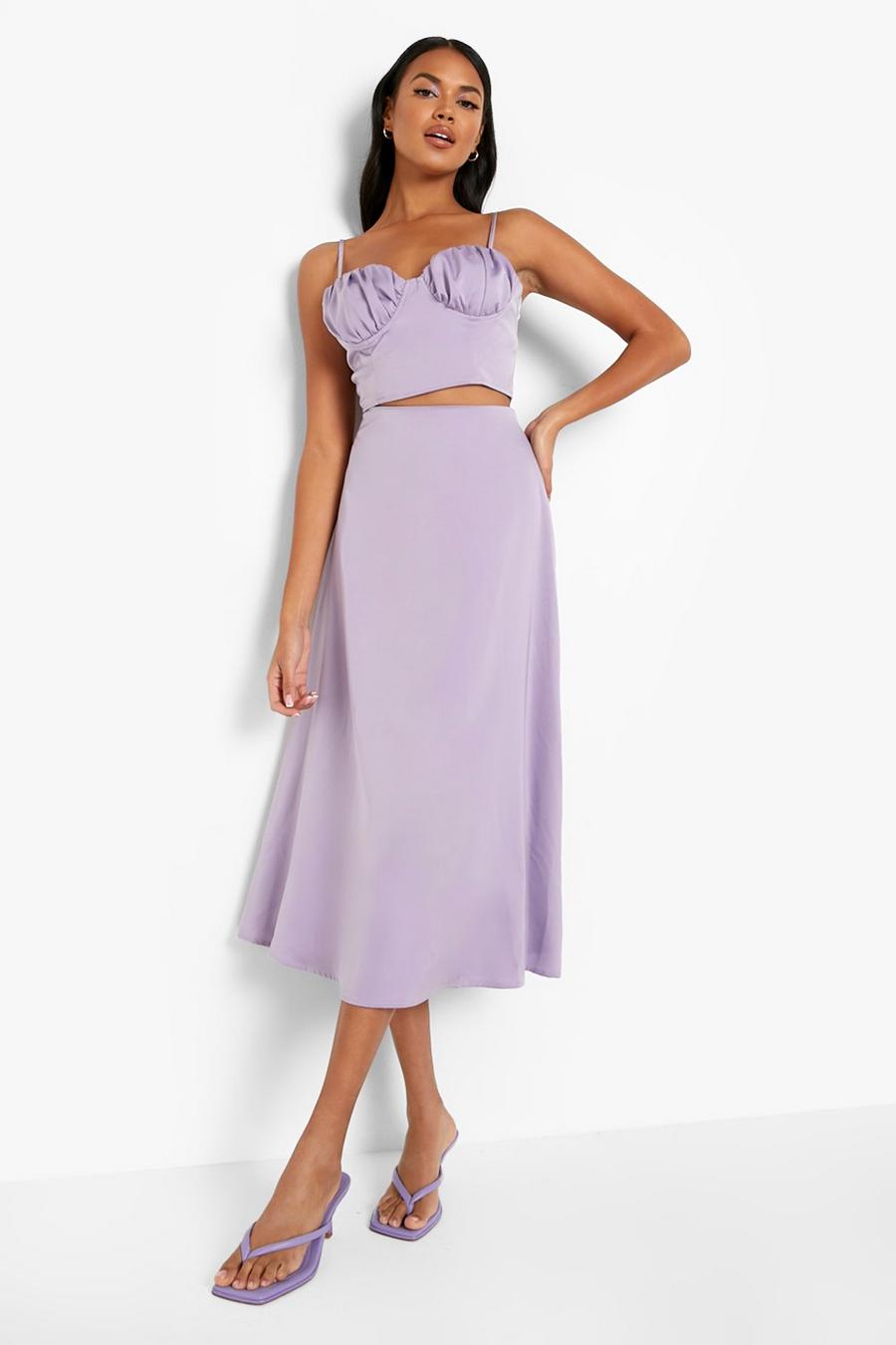 Lilac purple Matte Satin Ruched Bralette & Slip Skirt