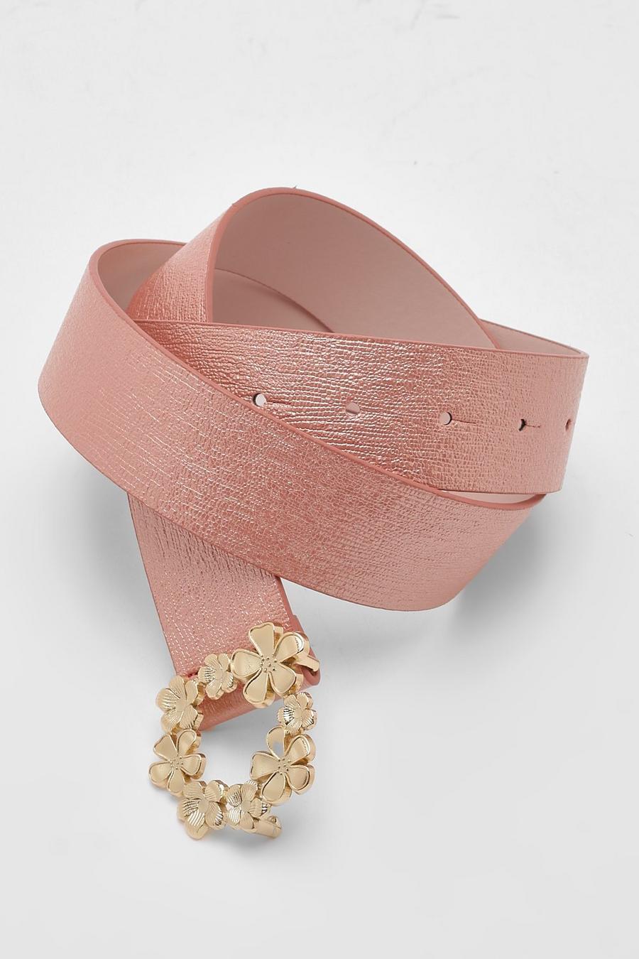 Cinturón de cuero sintético con hebilla de flores, Pink rosa