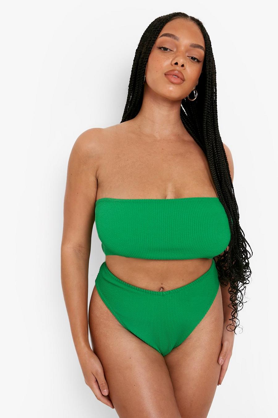 Bikini Plus Size a vita alta e a fascia effetto goffrato, Green image number 1