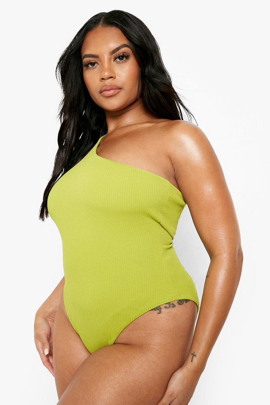 Olive green Plus Crinkle One Shoulder Swimsuit