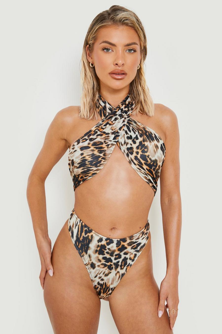 Costume intero leopardato allacciato al collo con cut-out, Leopard image number 1