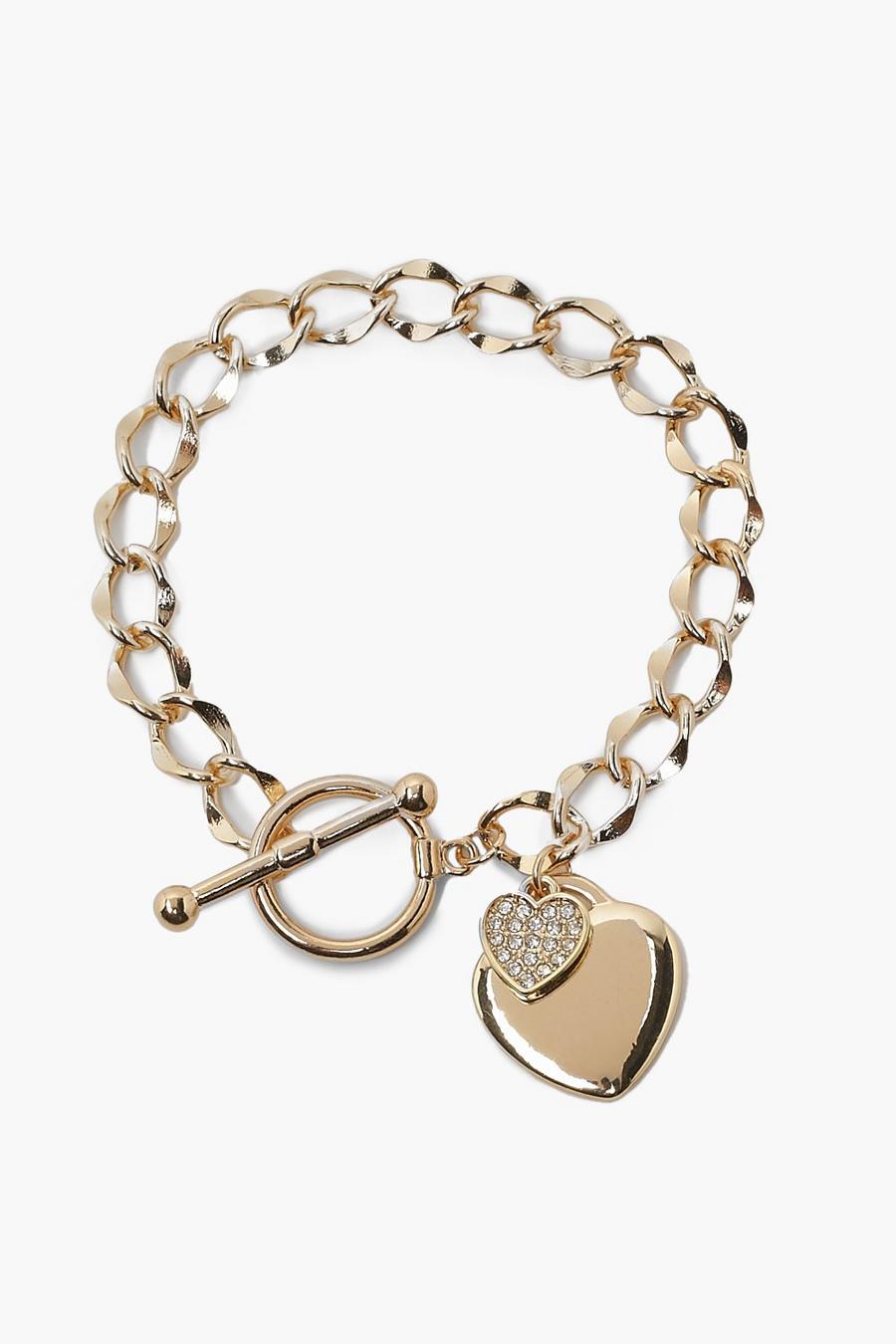 Bracciale a catena color oro con pendenti a cuore e barretta, Gold image number 1