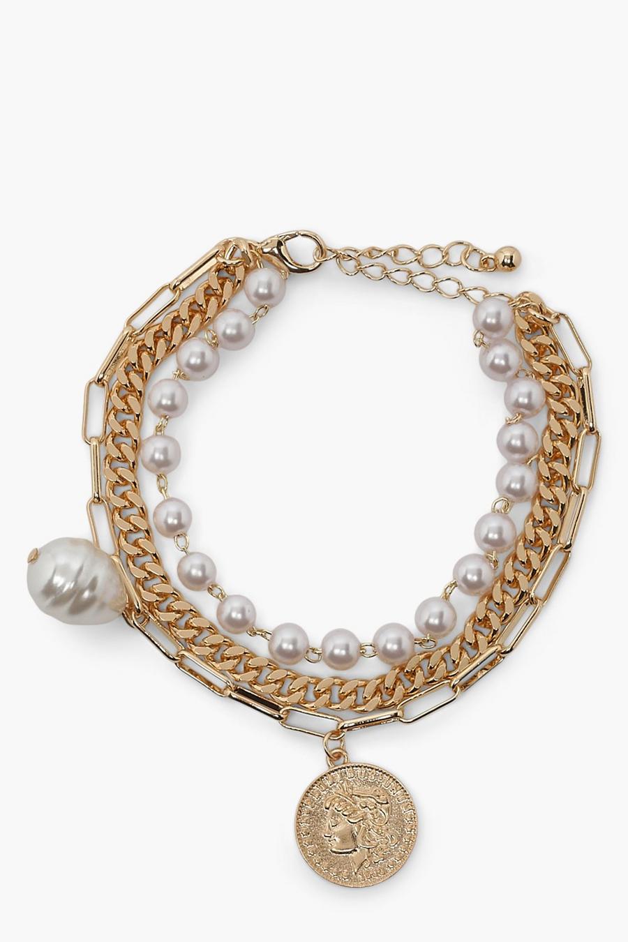 Gold Pearl Chain Link Coin Bracelet 