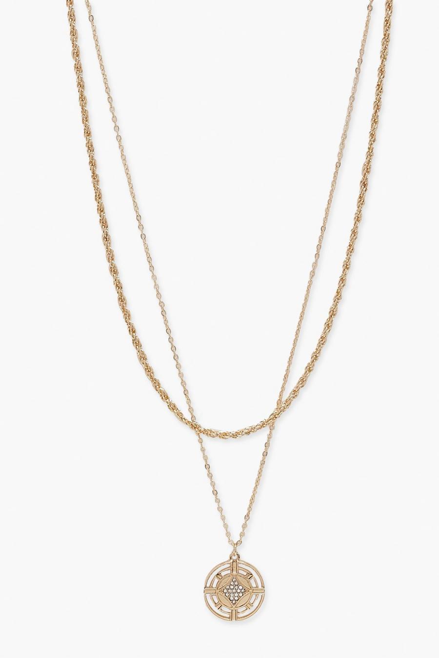 Gold Sundial Chain Link Pendant Necklace 