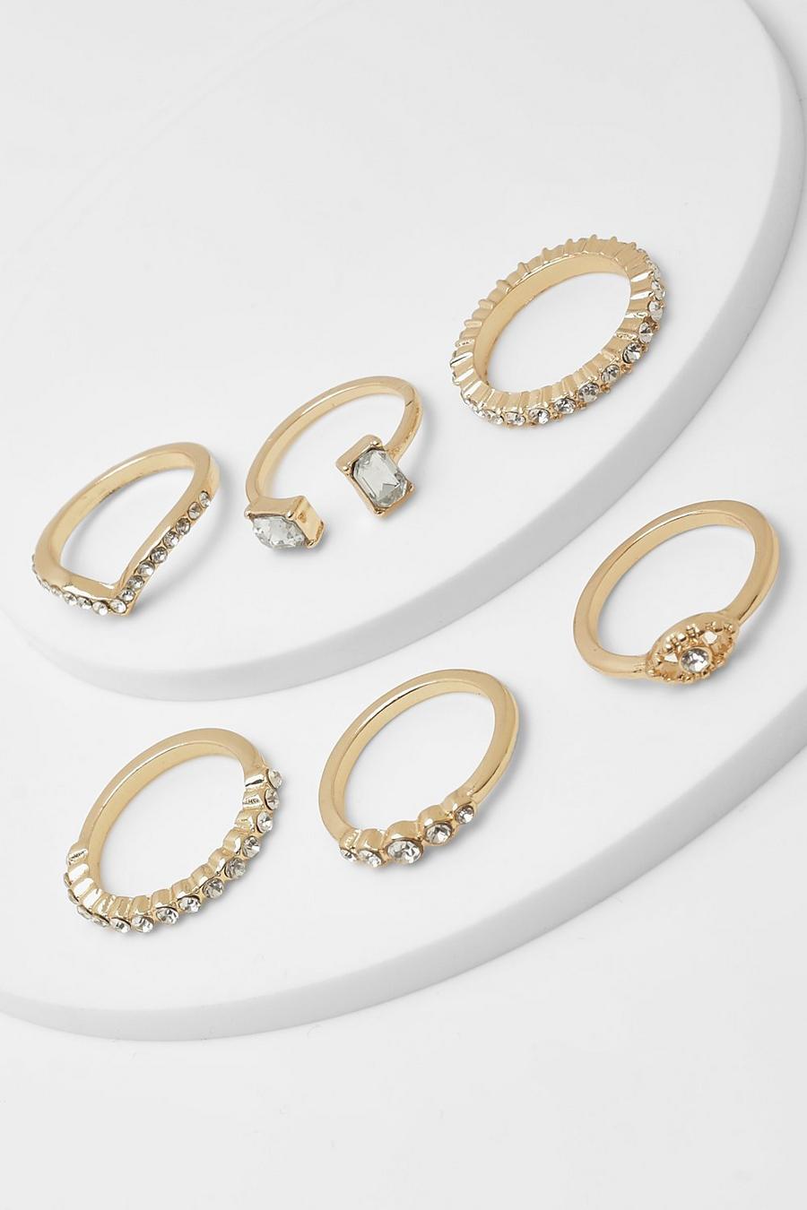 Gold Assorted Diamante 6 Pack Ring Set 