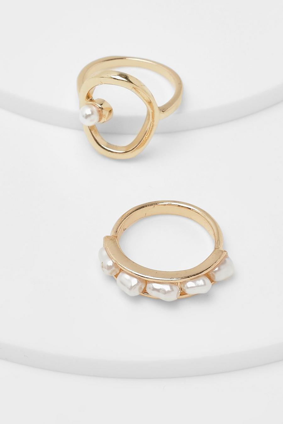 Gold Pearl Detail 2 Pack Ring Set 