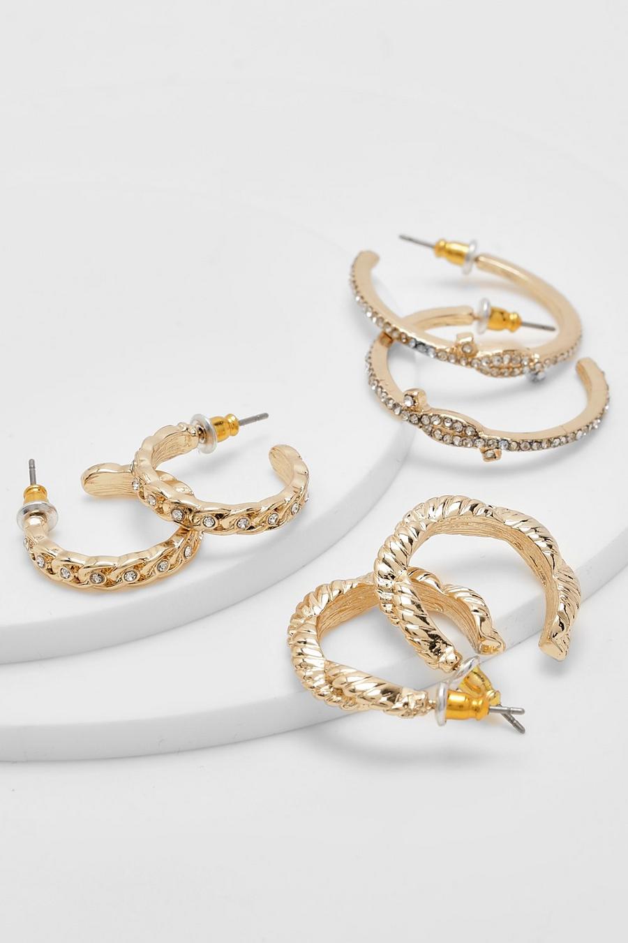 Gold metallic Diamante 3 Pack Hoop Earrings