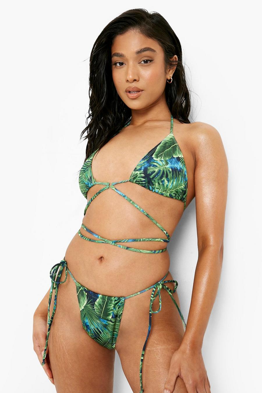 Petite - Haut de maillot de bain recyclé triangle à imprimé tropical, Green grün