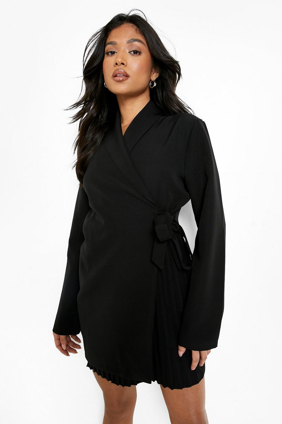 Black Petite Pleated Wrap Tailored Blazer Dress image number 1